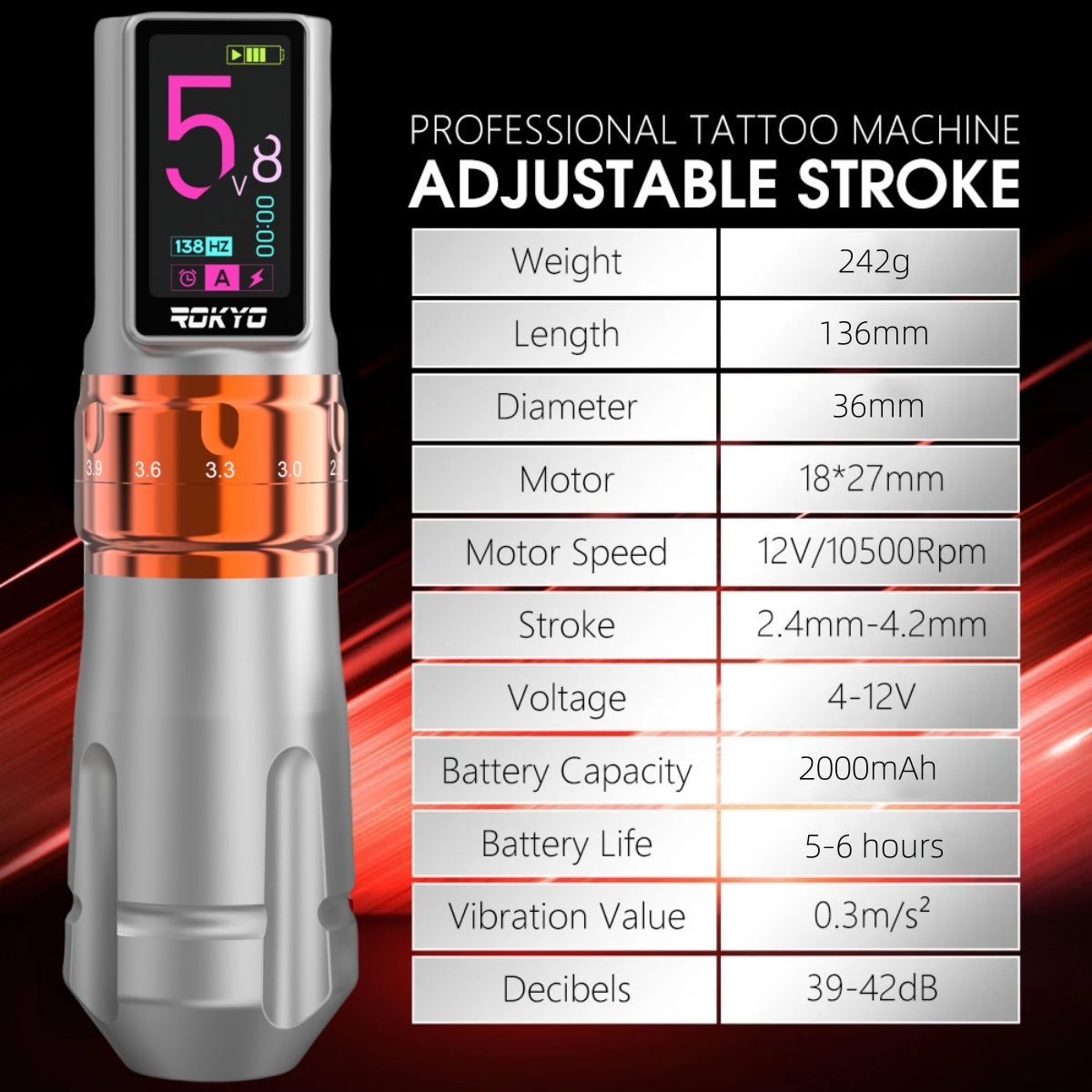 Newest ROKYO Wireless Tattoo Pen Machine With Adjustable 2.4-4.2mm Stroke 2000mAh Rechargeable Battery