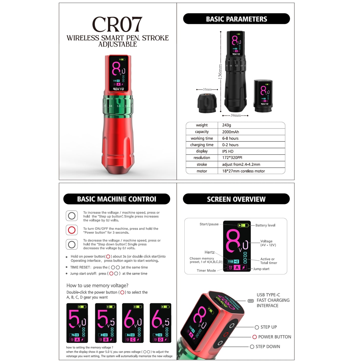 Newest ROKYO Wireless Tattoo Pen Machine With Adjustable 2.4-4.2mm Stroke 2000mAh Rechargeable Battery